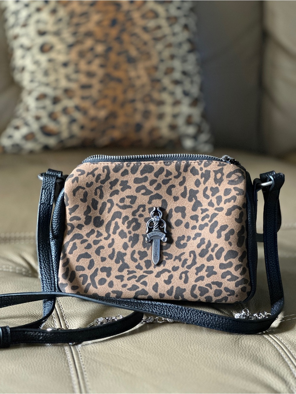 Black Pebbled Leather Crossbody with Silver Chain Accents